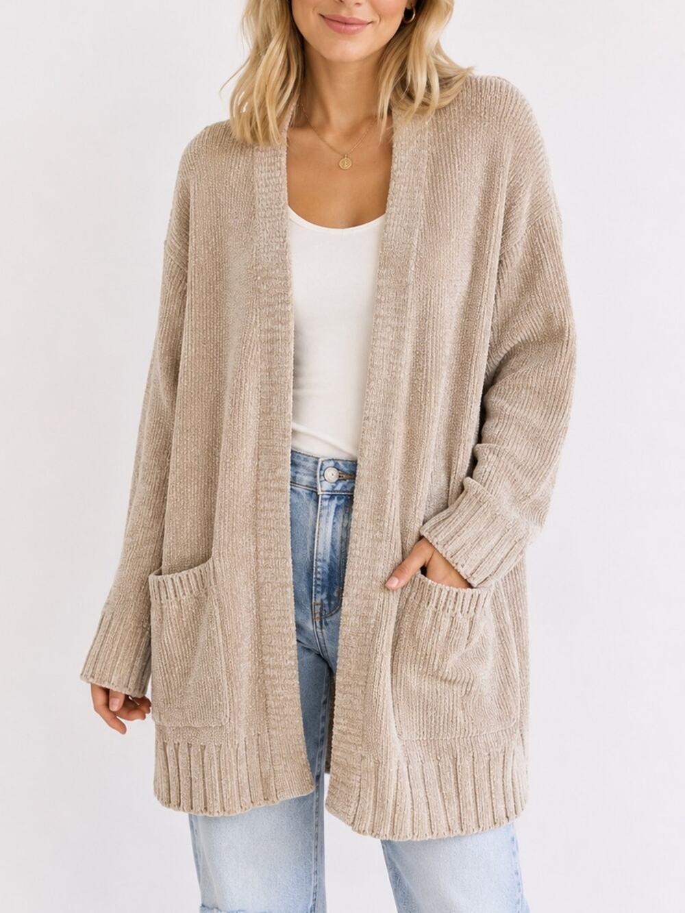 Sam & Zoe Chenille Cardigan Beige Open Front Rib Knit Pockets Size S